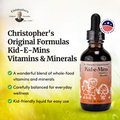 Herbal ingredient blend like alfalfa and dandelion supports daily wellness with Kid-E-Mins.
