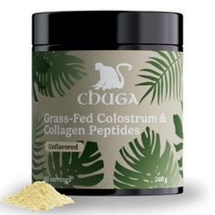 Chuga Grass Fed Colostrum & Collagen bottle highlighting creamy texture for skin, hair, and nails support