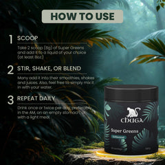 Chuga's Super Greens scoop in glass with water for quick energy.