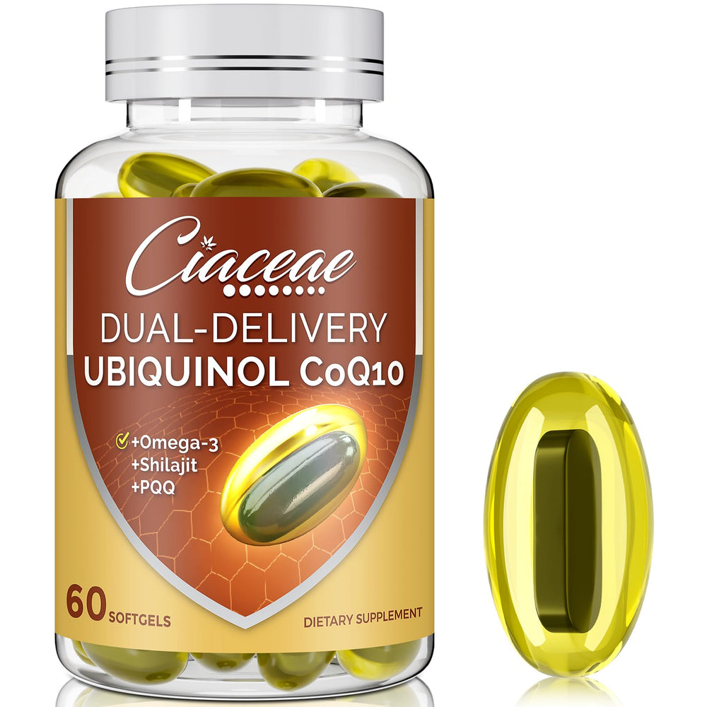 Ciaceae ubiquinol CoQ10 softgel bottle showing dual-delivery concept for absorption.