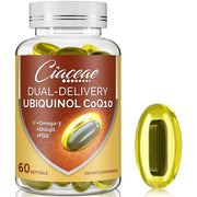 Ciaceae ubiquinol CoQ10 softgel bottle showing dual-delivery concept for absorption.