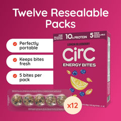 CirC Energy Bites close-up ingredients highlight oats, peanuts, dates.