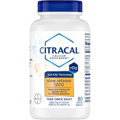 Citracal label highlights 1200 mg calcium and vitamin D in a slow-release formula.