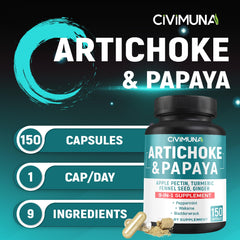CIVIMUNA Artichoke Capsules ingredients scene highlighting digestive-friendly blend.