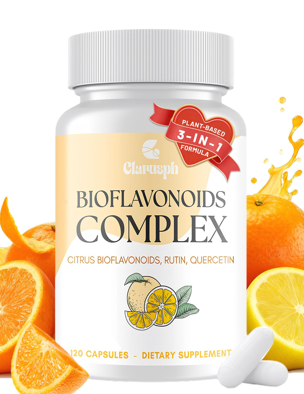 Clarusph Citrus Bioflavonoids capsules in a bottle, highlighting a high strength plant-based formula