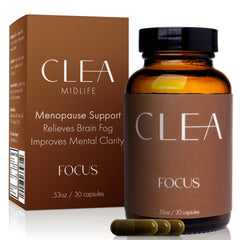 CLEA Midlife Focus bottle label showing product details and branding for brain fog support