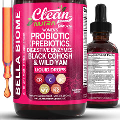 Clean Nutra Bella Biotics bottle with drops to support daily digestive balance and easy dosing