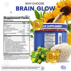 Brain Glow label front emphasizes omega-3 and B vitamins