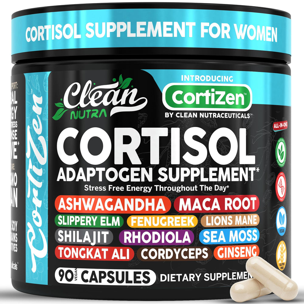 Clean Nutra Cortisol for Women bottle front showing compact packaging aiding daily energy