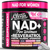 Clean Nutra NAD+ Resveratrol for Women bottle pouring, suggesting sustained energy potential.