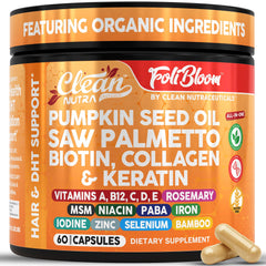 Clean Nutra pumpkin seed oil capsules bottle for hair support and scalp nutrition.