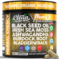 Clean Nutraceuticals sea moss and black seed oil capsules bottle on shelf for immune support.