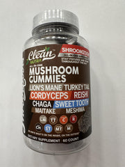 Close-up of ingredient label on Clean Nutraceuticals gummies showing mushroom blend