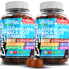 Clean Nutraceuticals Ashwagandha Maca Gummies peach bottle supporting daily energy.