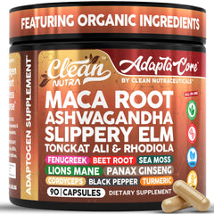 Clean Nutraceuticals maca root capsules bottle showing potential for balanced energy and focus