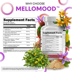 Mellomood saffron 100mg label emphasizing mood support ingredients