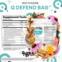 Clean Nutraceuticals Q Defend bottle side view suggests travel-friendly packaging and portability.