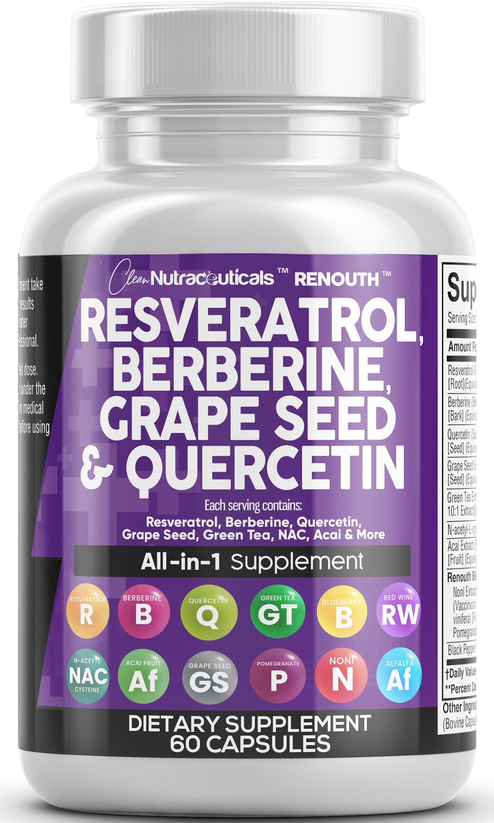 Clean Nutraceuticals Renouth bottle front showing polyphenol blend for daily vitality.