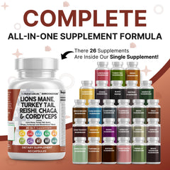 Clean Nutraceuticals turkey-tail-reishi bottle closeup suggests convenient all-in-one wellness support.