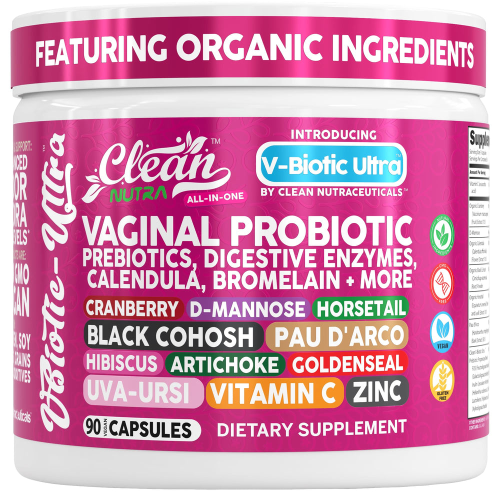 Clean Nutraceuticals vaginal probiotics bottle on counter for daily balance.