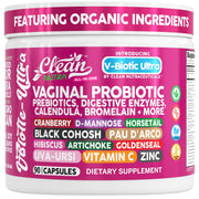 Clean Nutraceuticals vaginal probiotics bottle on counter for daily balance.