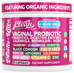 Clean Nutraceuticals vaginal probiotics bottle on counter for daily balance.