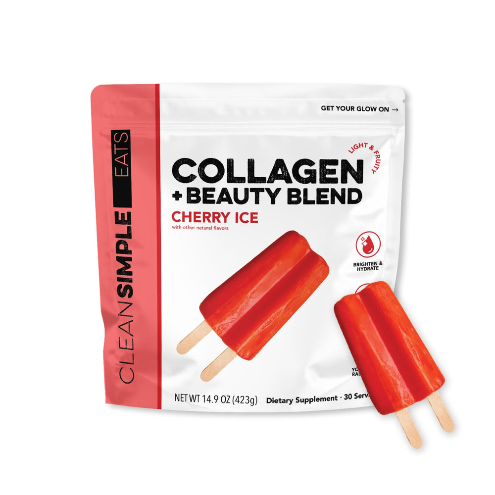 Clean Simple Eats Collagen Powder Beauty Blend Cherry Ice bottle highlighting tasty daily wellness support.