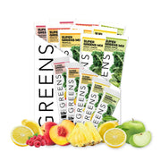 Clean Simple Eats Greens Variety Pack box showing multi-flavor greens for daily use.