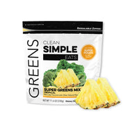 Clean Simple Eats Super Greens powder bottle with tropical flavor, supports easy daily greens.