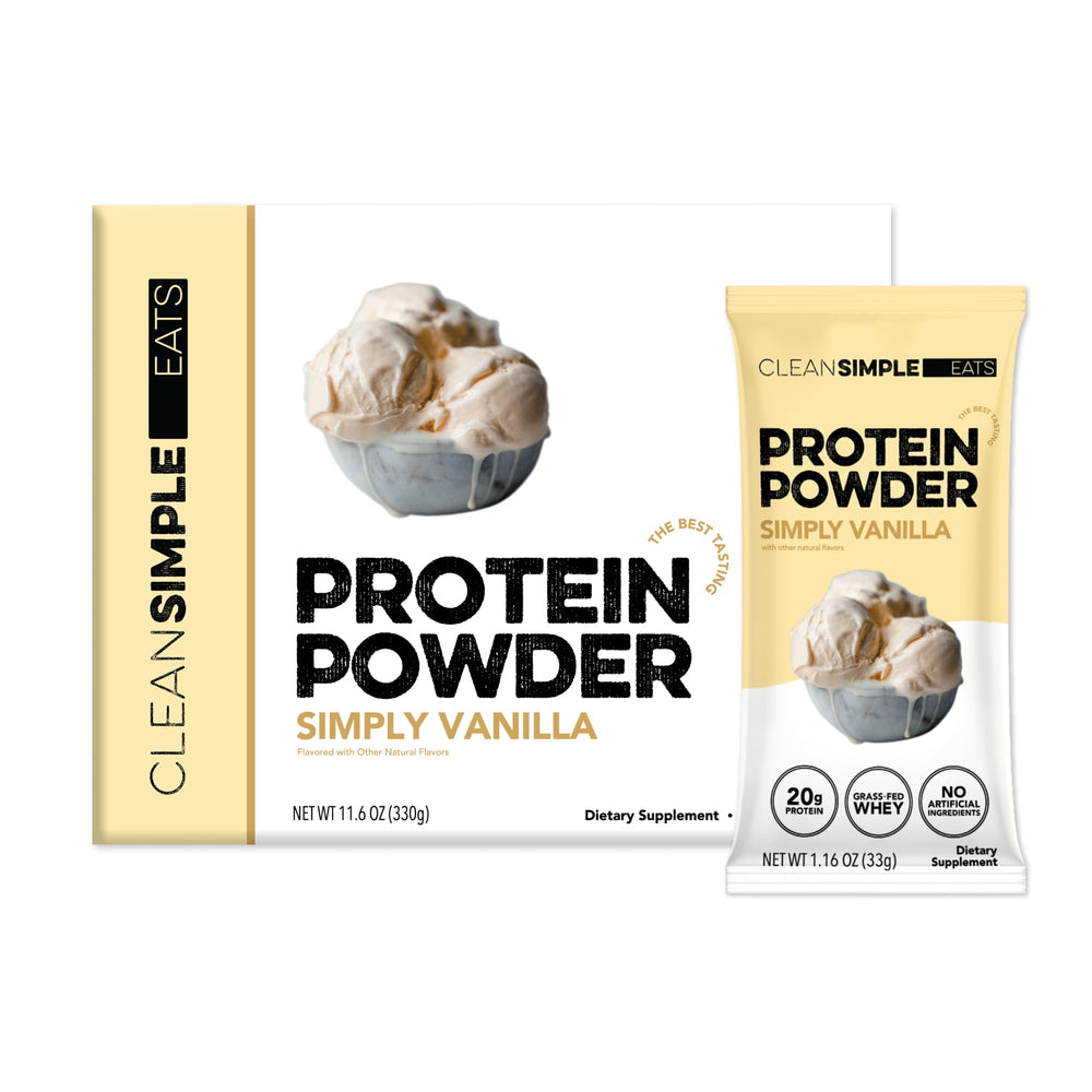 Clean Simple Eats whey vanilla stick pack for convenient protein on the go.