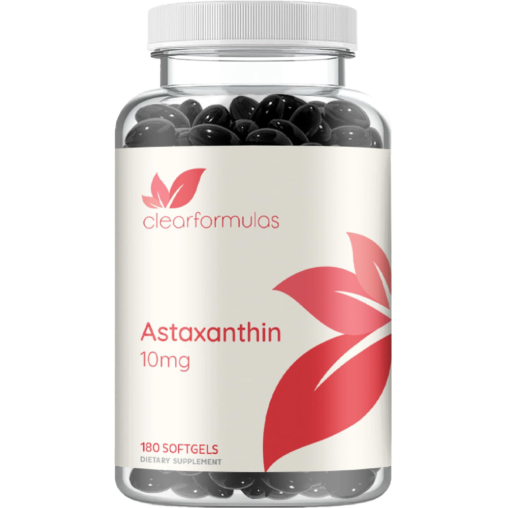 Clear Formulas algae-based astaxanthin bottle shows premium softgel packaging for daily wellness