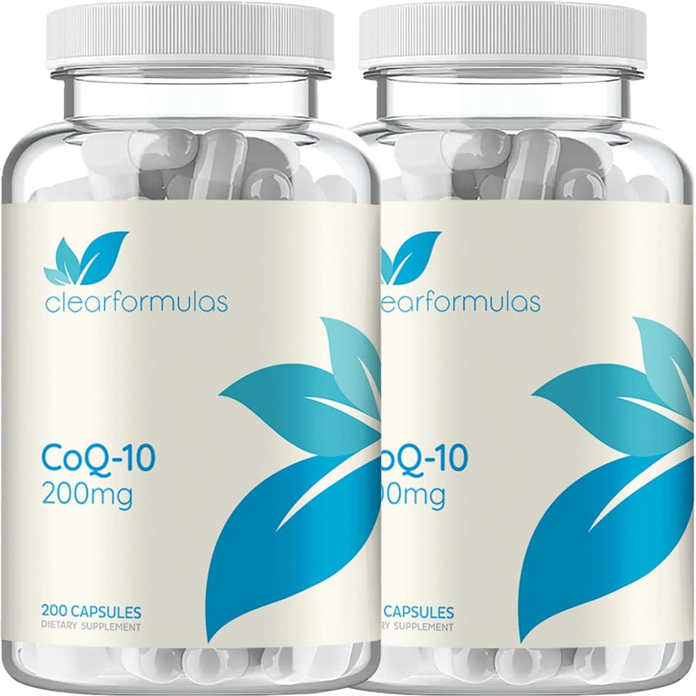 Clear Formulas Quick Absorption CoQ10 bottle with 200mg ubiquinone for daily energy support.
