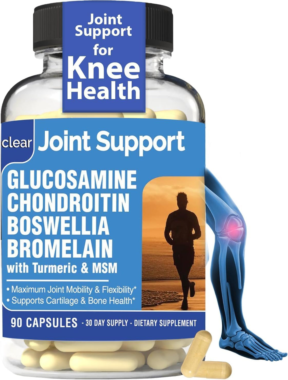 Clear Probiotics glucosamine sulfate bottle supports joint comfort and mobility.