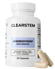 CLEARSTEM MindBodySkin bottle front showing a natural acne support supplement