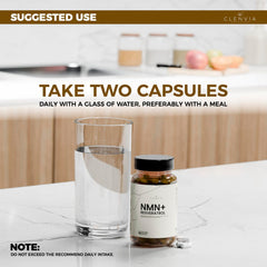 CLENVIA NMN + Resveratrol capsules close-up for easy daily use.