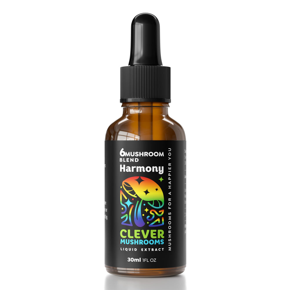 CLEVER MUSHROOMS 6 Blend bottle highlighting a potent mix for immune support and energy.