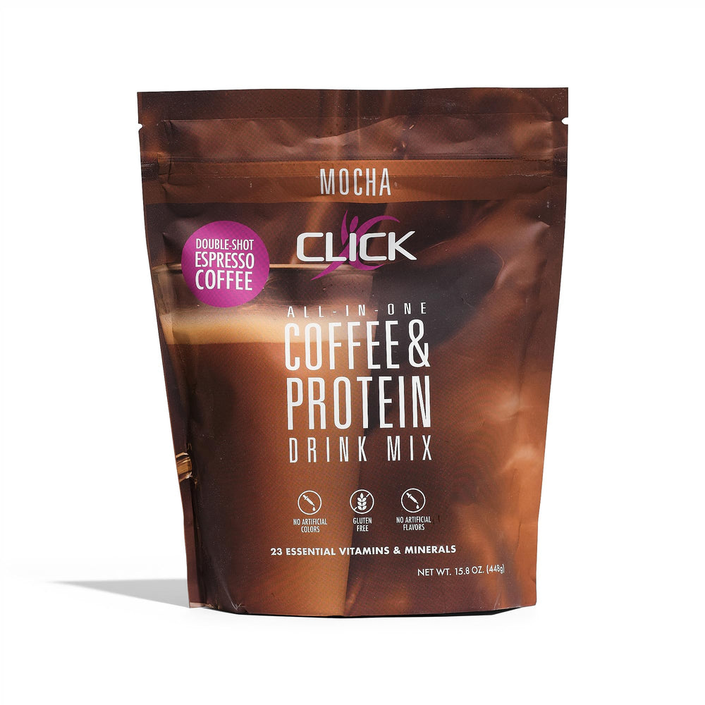 Click Coffee Protein mocha bottle shows all-in-one nutrition for busy days.