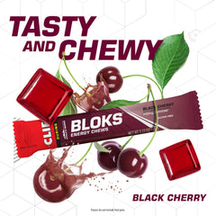 CLIF BLOKS Black Cherry caffeine pack open shows convenient chewable energy during runs.