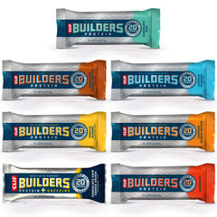 CLIF Builder Bar variety pack packaging showing seven flavors for balanced workouts.