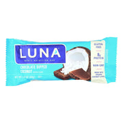 Clif Luna Bar chocolate-dipped coconut packaging, a convenient on-the-go snack.