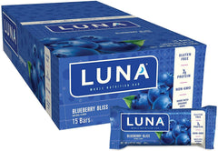 CLIF LUNA Blueberry Bliss bar on top showing protein-packed plant-based nutrition.