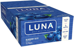 CLIF LUNA Blueberry Bliss pack open highlighting gluten-free, non-GMO snack.