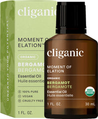 Cliganic Bergamot oil bottle closeup for aromatherapy use