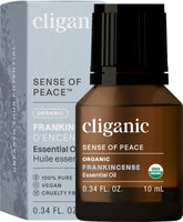 Cliganic frankincense oil bottle for aromatherapy diffusion and mood enhancement.
