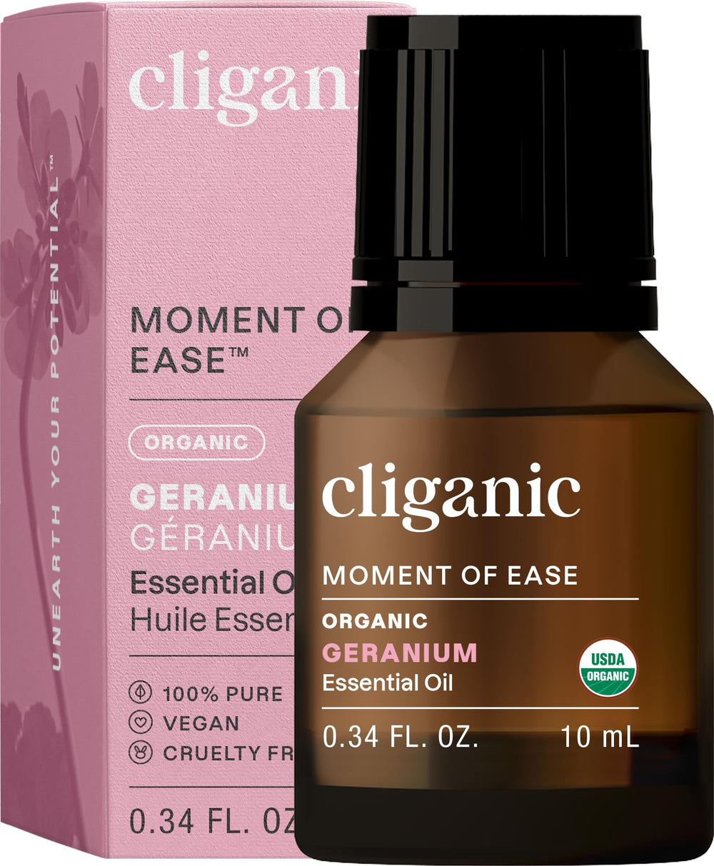 Cliganic Geranium Essential Oil bottle close-up for pure aromatherapy.