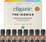 Cliganic gift set box with eight organic essential oils for versatile aromatherapy.