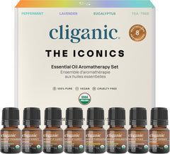 Cliganic gift set box with eight organic essential oils for versatile aromatherapy.