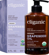 Cliganic Grapeseed Oil bottle pour highlights smooth application and skin benefits