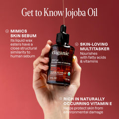 Cliganic Jojoba Oil used for hair care to add shine and manage frizz