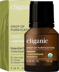 Cliganic Lemongrass essential oil bottle closeup for refreshing diffuser aroma